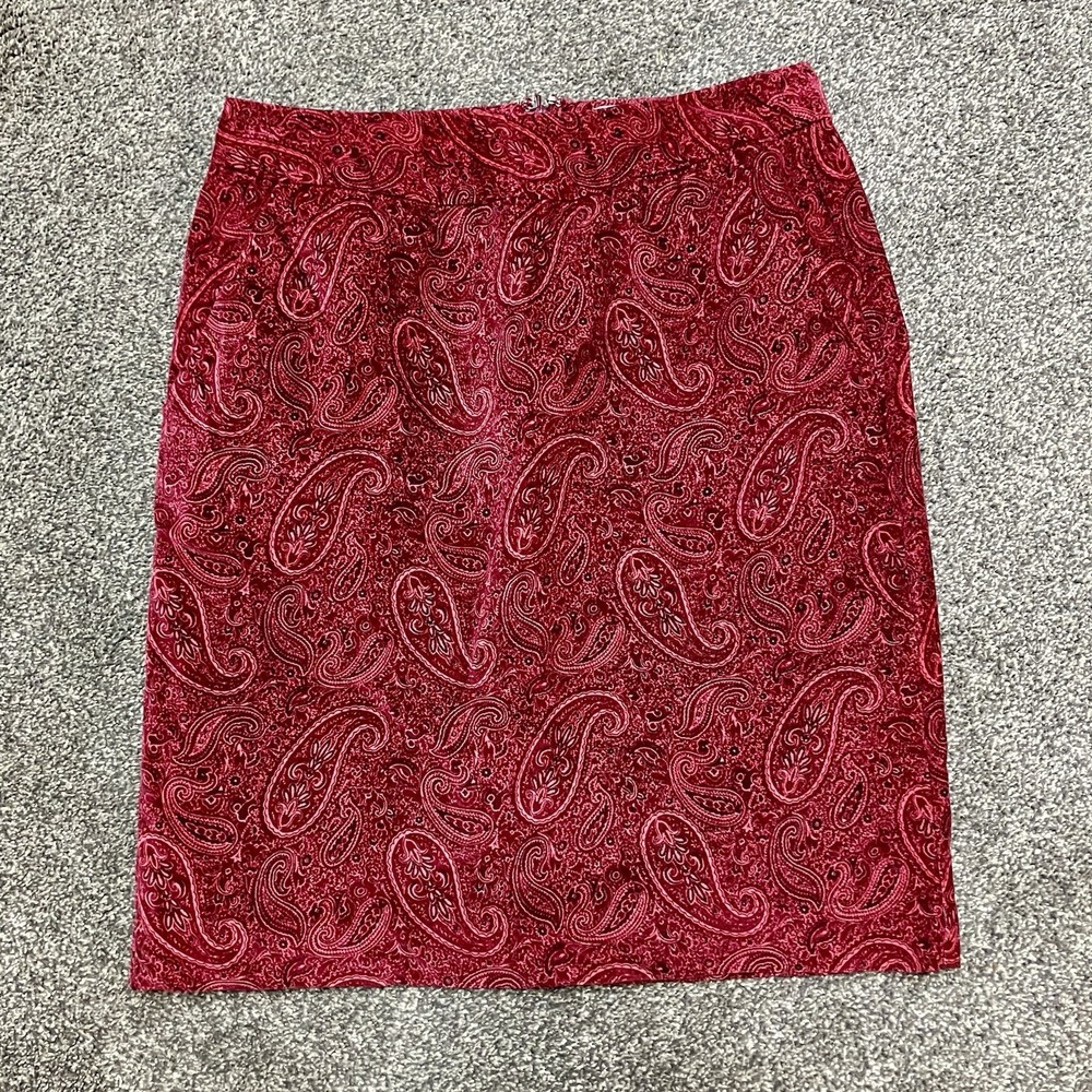 LL Bean Velvet Sz 4 Favorite Fit Skirt Floral Paisley Women's Cranberry Red